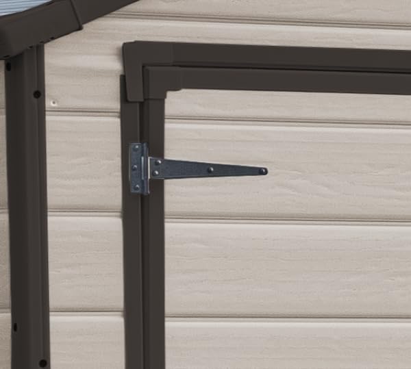 Keter, Manor Apex 6 x 5 ft Outdoor Garden Storage Shed, elegant wood-effect double door design for easy access, durable fade-free resin with window and floor panel for secure storage, Beige and Brown
