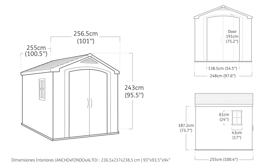 Keter, Factor Outdoor Plastic Garden Storage Shed, elegant wood-effect exterior with double doors and ventilation grills, heavy-duty floor with window and skylight, 255 x 256.5 x 243 cm, Beige