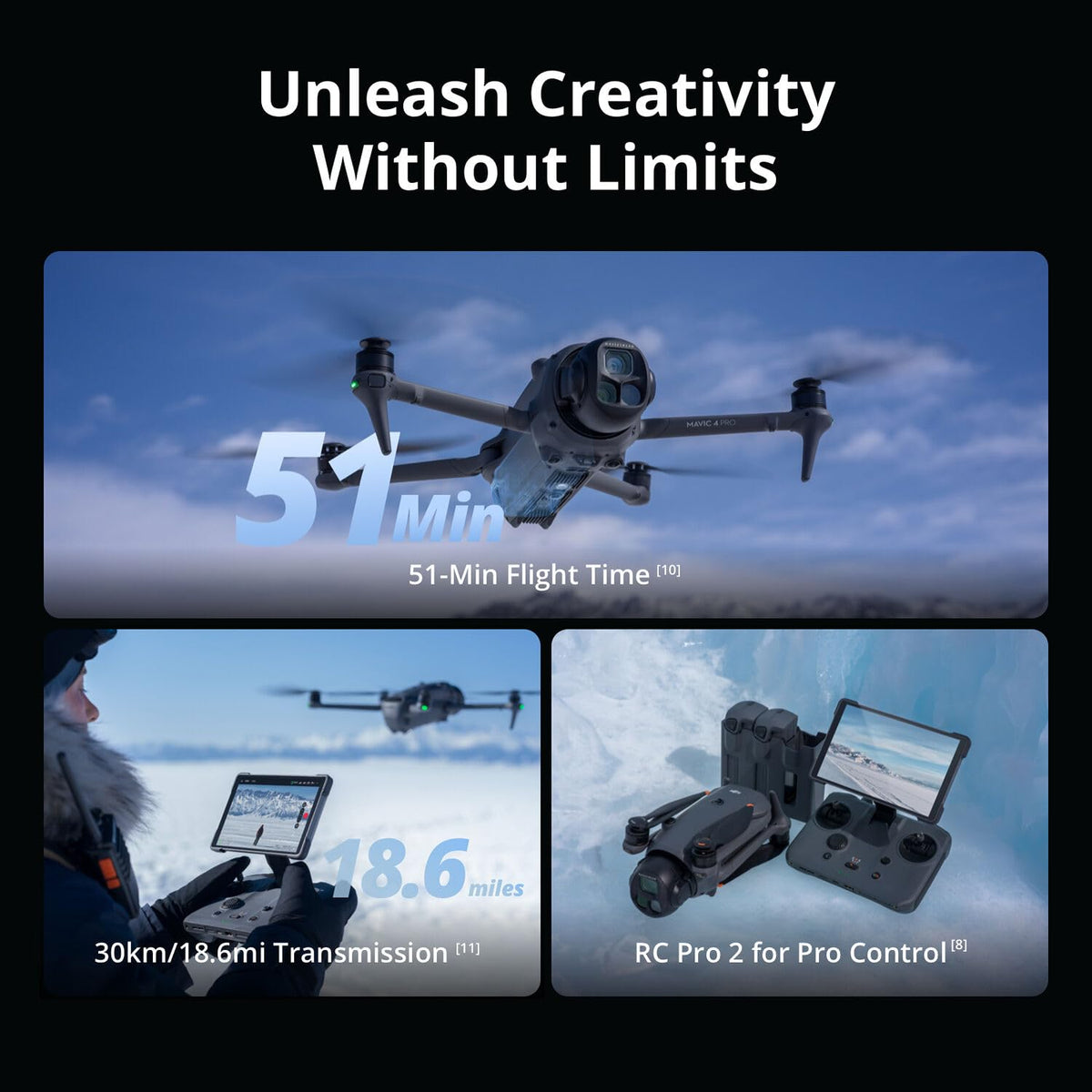 DJI Mavic 4 Pro Drone with 512GB Creator Combo – 6K60 HDR, 100MP, 51-Min Max Flight Time, 18.6-Mile Range, Omnidirectional Avoidance Bundle with RC Pro 2 Remote Controller, 3 Batteries, 128GB Memory, Parallel Charging Hub, Backpack, CPS 2 Year Warranty +