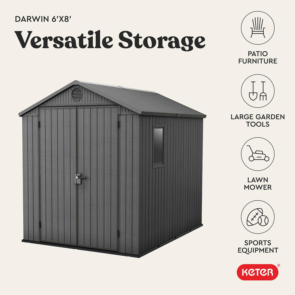 Keter Darwin 6x8 Ft Resin Storage Shed, Graphite Gray – Double Doors with Window & Skylight