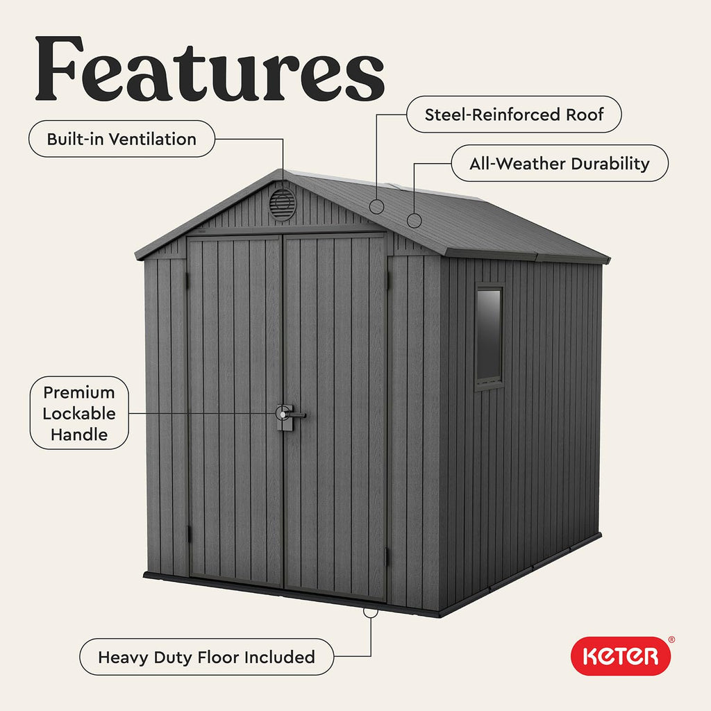 Keter Darwin 6x8 Ft Resin Storage Shed, Graphite Gray – Double Doors with Window & Skylight