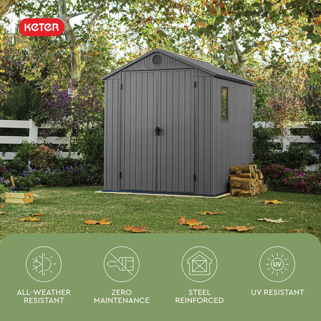 Keter Darwin 6x8 Ft Resin Storage Shed, Graphite Gray – Double Doors with Window & Skylight