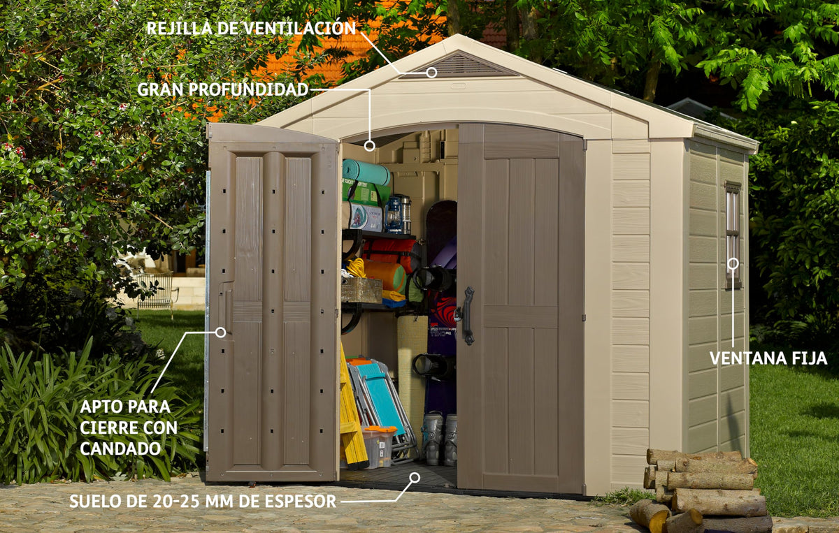 Keter, Factor Outdoor Plastic Garden Storage Shed, elegant wood-effect exterior with double doors and ventilation grills, heavy-duty floor with window and skylight, 255 x 256.5 x 243 cm, Beige