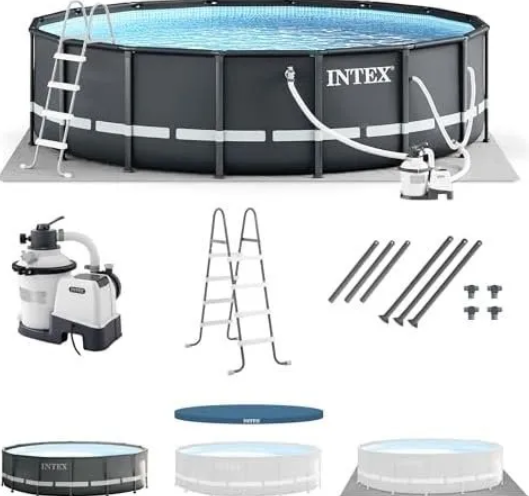Intex Ultra XTR Frame 14′ x 42″ Round Above Ground Outdoor Swimming Pool Set with Sand Filter Pump, Ladder, Ground Cloth, and Pool Cover